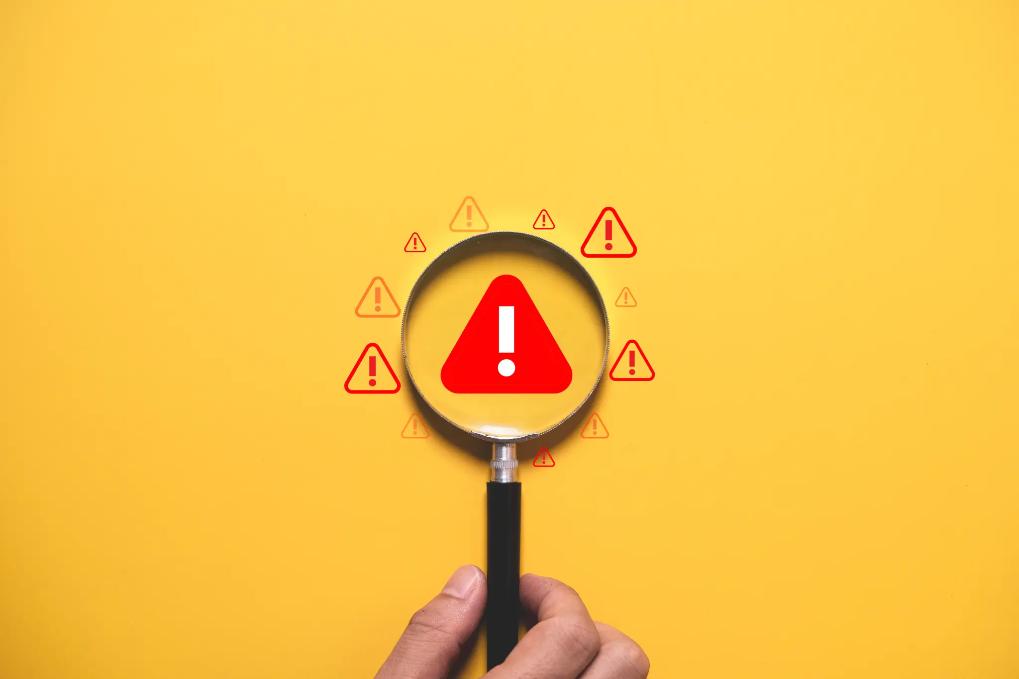 A warning sign seen through a magnifying glass